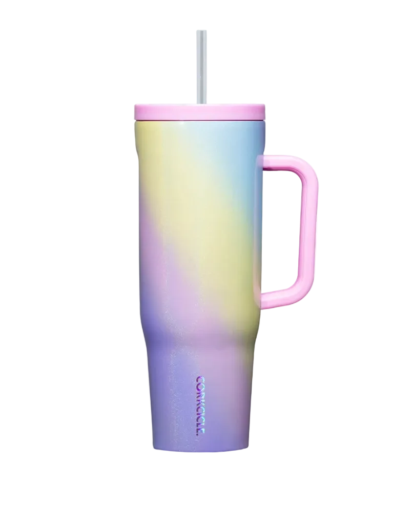 Rainbow Unicorn Corkcicle 40 oz Cruiser stainless steel insulated travel mug with handle, available at Be Charmed