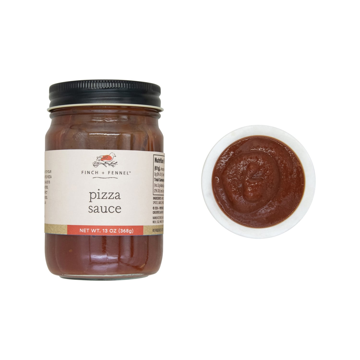 Finch + Fennel 13 oz Pizza Sauce glass jar featuring gourmet pizza sauce packaging, available at Be Charmed