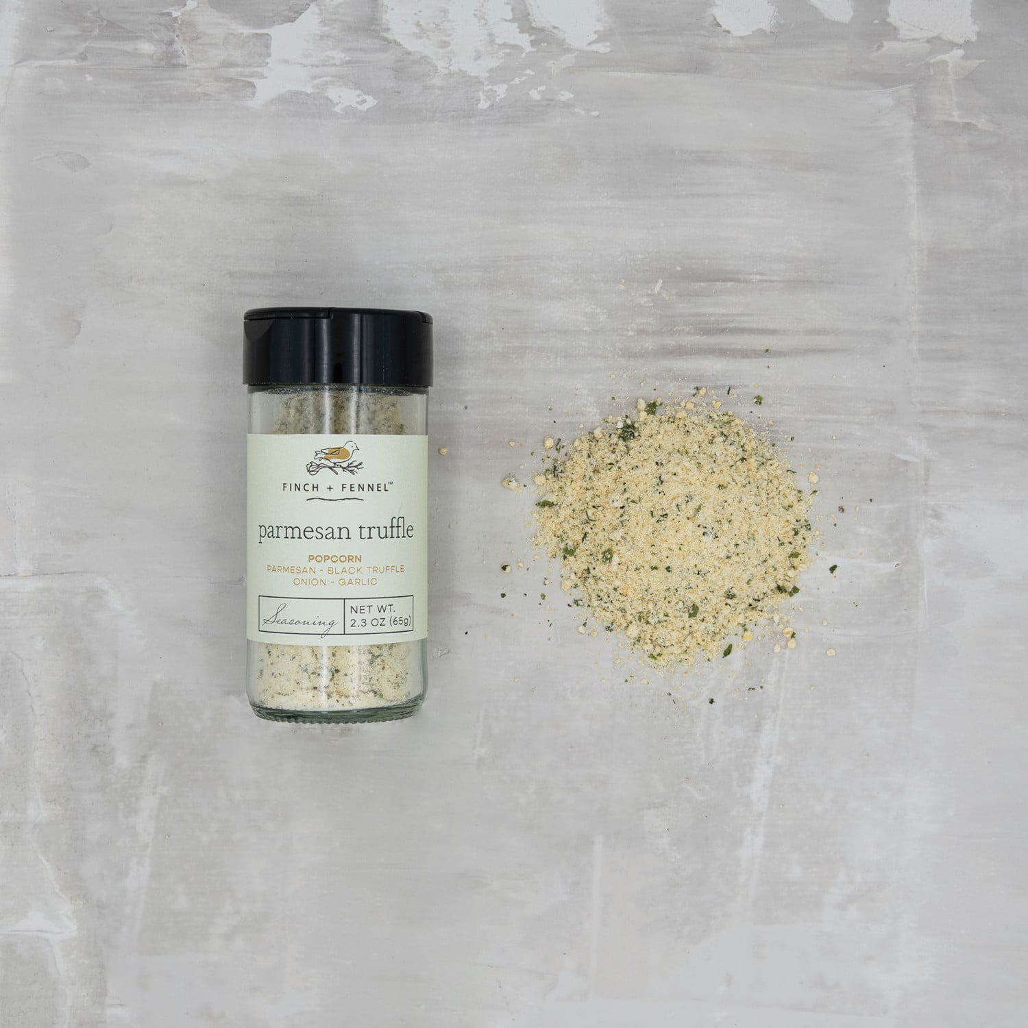 Finch + Fennel 2.8 oz Parmesan Truffle Popcorn Seasoning shaker jar featuring gourmet seasoning blend, available at Be Charmed