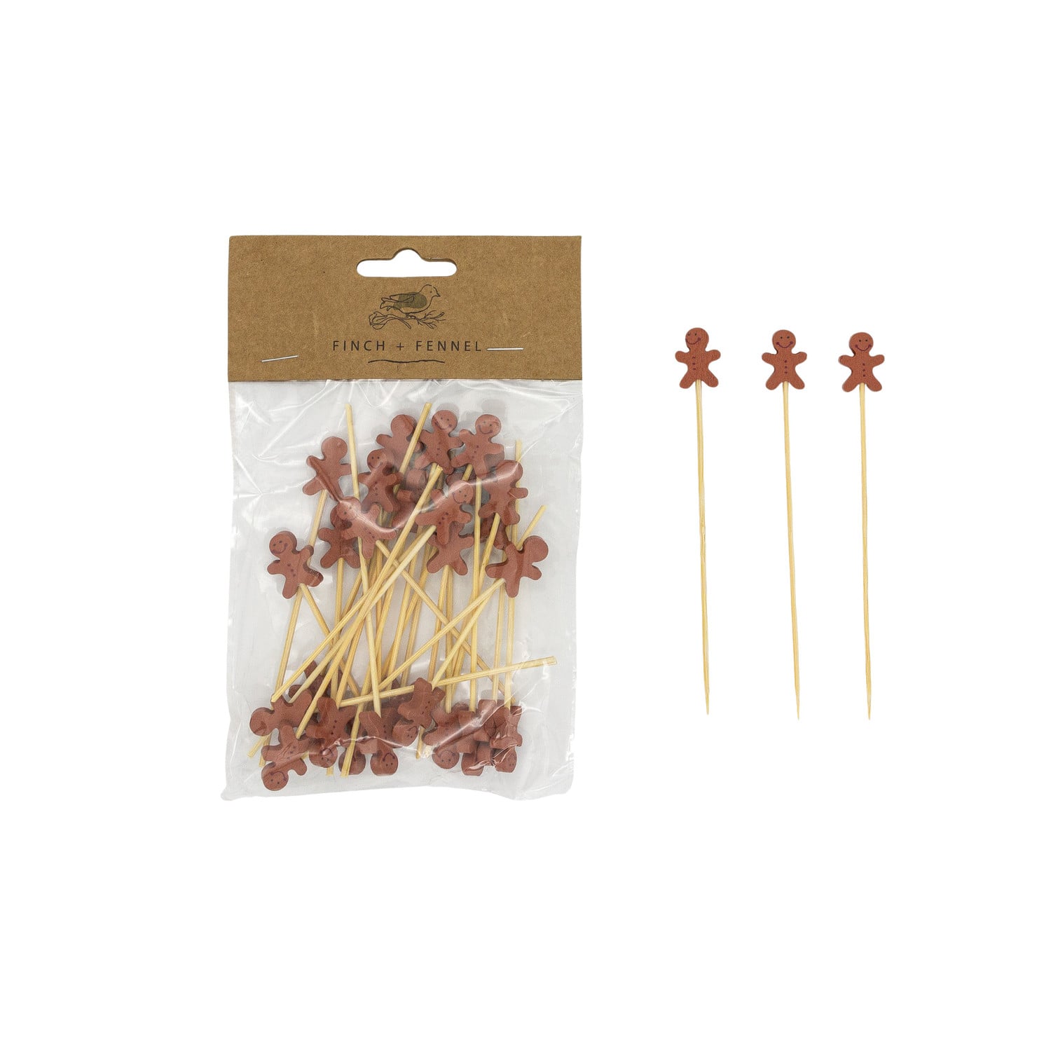 Finch + Fennel bamboo single use picks with gingerbread man set of 50 featuring festive holiday cocktail picks, available at Be Charmed