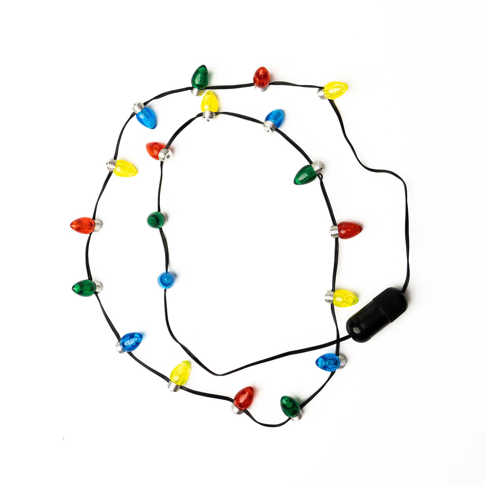 Flashing Holiday Bulb Necklace featuring colorful light-up holiday bulbs, available at Be Charmed
