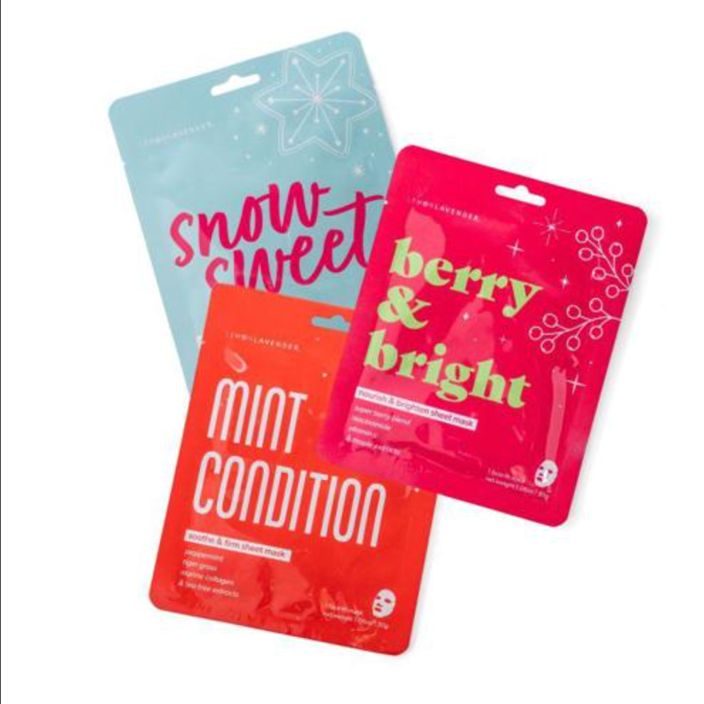 Lemon Lavender Let It Glow Holiday Face Masks featuring festive holiday skincare packaging, available at Be Charmed