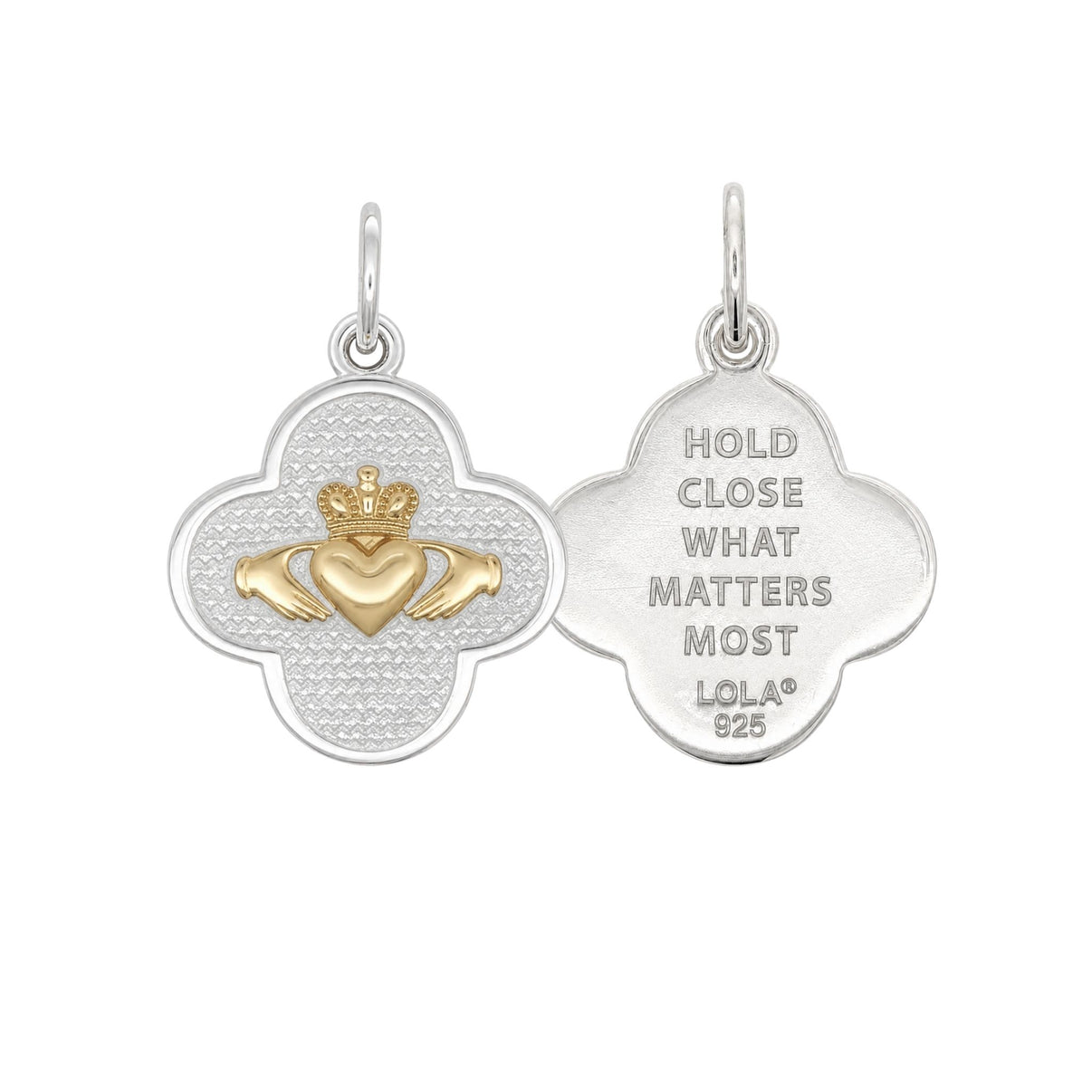Lola Claddagh pendant in alpine white, available at Be Charmed