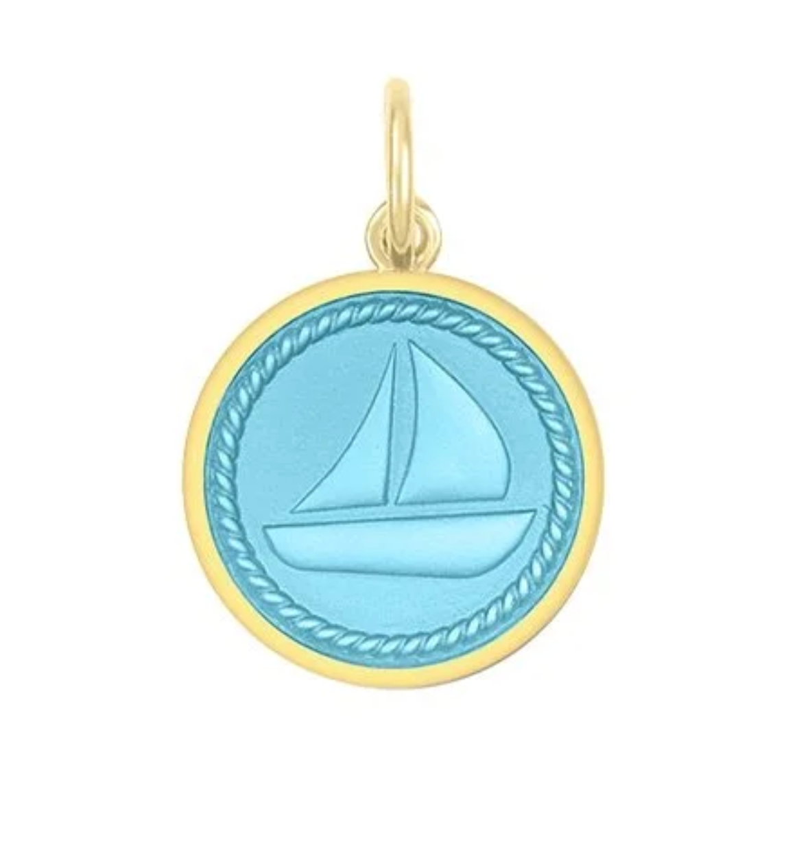 Lola light blue gold sailboat pendant, available at Be Charmed
