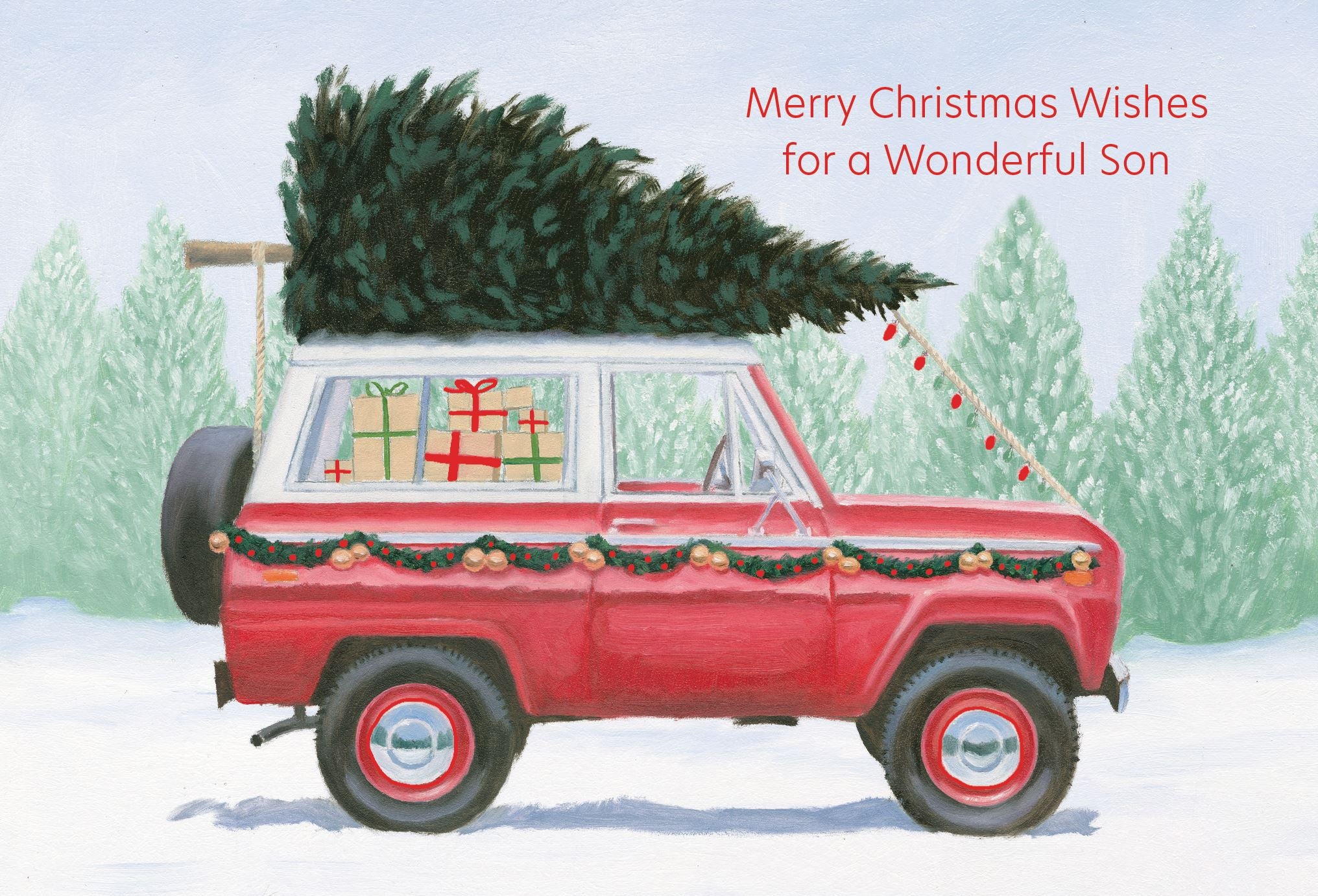 Pictura Merry Christmas Wishes for a Wonderful Son Christmas Card featuring a red jeep with a christmas tree on top, available at Be Charmed