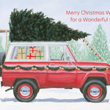 Pictura Merry Christmas Wishes for a Wonderful Son Christmas Card featuring a red jeep with a christmas tree on top, available at Be Charmed