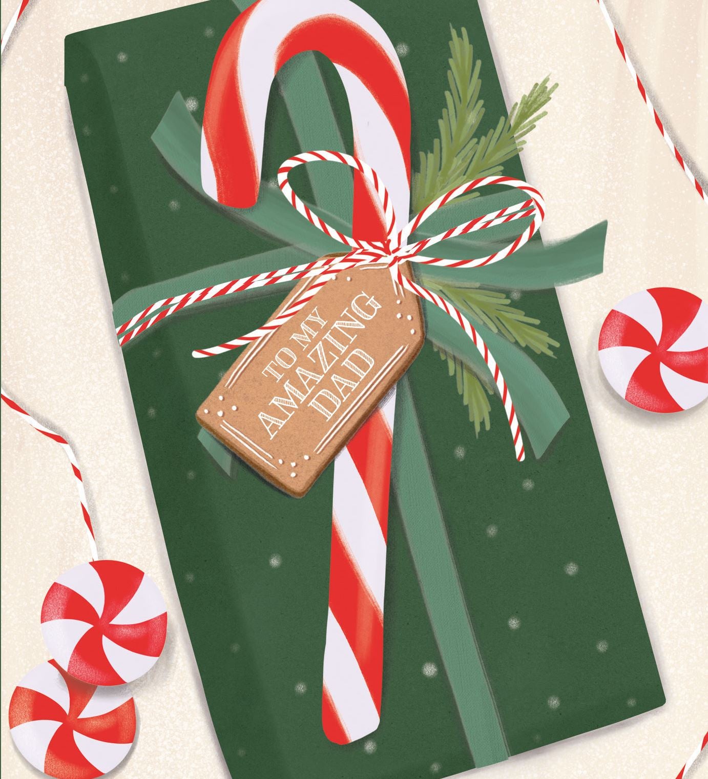 Pictura Christmas Card - To My Amazing Dad featuring a gift topped with a candy cane, available at Be Charmed