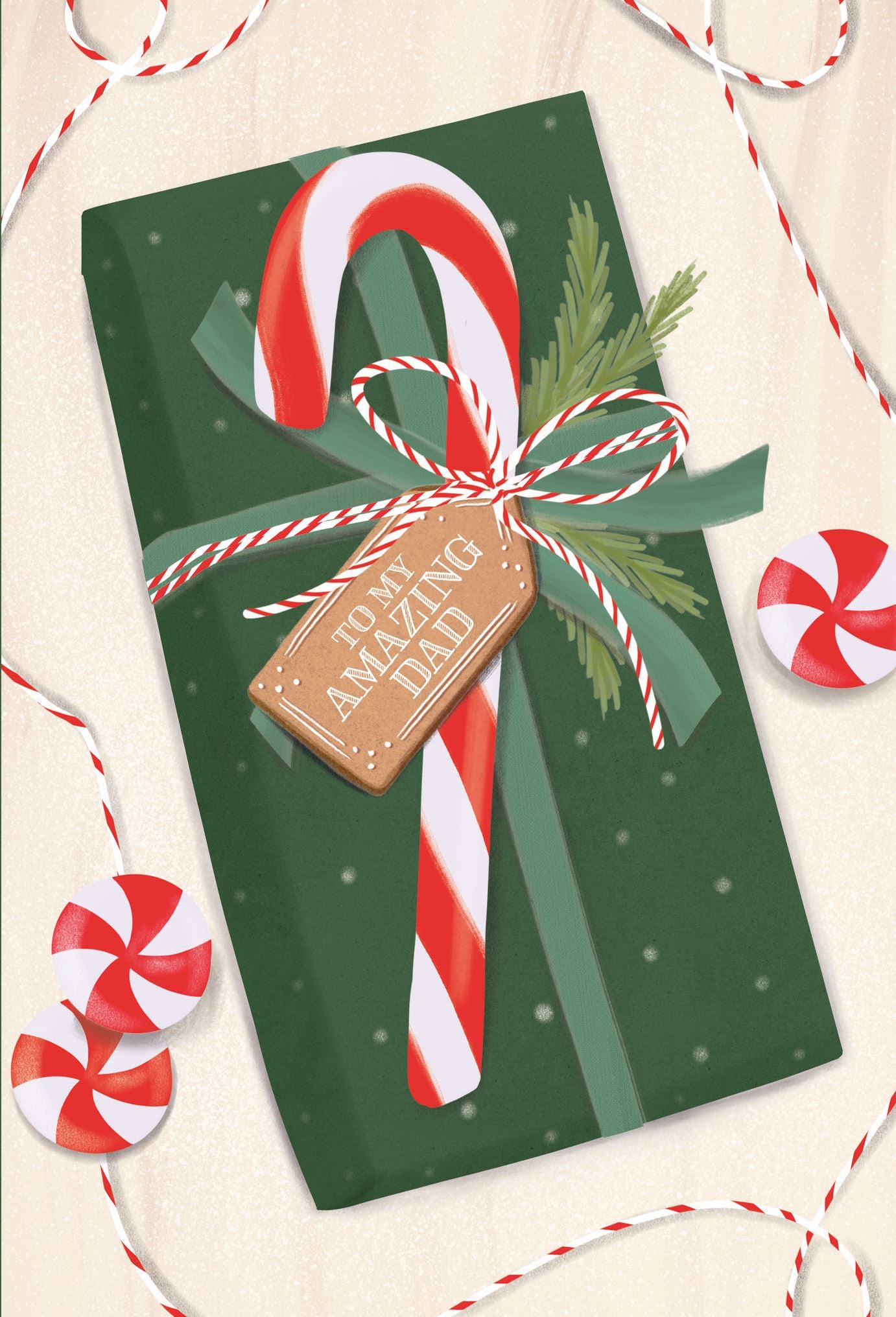 Pictura Christmas Card - To My Amazing Dad featuring a gift topped with a candy cane, available at Be Charmed