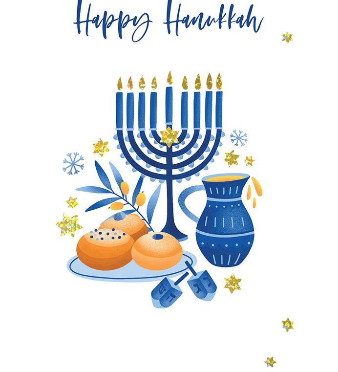 Pictura Happy Hanukkah Card featuring a festive holiday greeting card design with traditional menorah artwork, available at Be Charmed