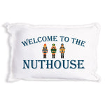 Rustic Marlin Welcome To The Nuthouse 12 x 18 pillow featuring playful typography on a decorative throw pillow, available at Be Charmed