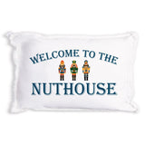 Rustic Marlin Welcome To The Nuthouse 12 x 18 pillow featuring playful typography on a decorative throw pillow, available at Be Charmed