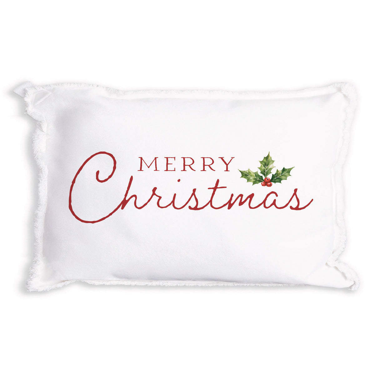 Rustic Marlin Merry Christmas 12 x 18 pillow featuring festive red lettering on a white background, available at Be Charmed

