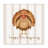 Rustic Marlin wooden block sign with a watercolor turkey in a cream sweater and ‘happy Thanksgiving’ on beige stripes. Available at Be Charmed