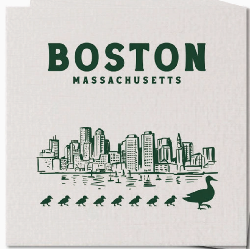 Rustic Marlin Boston Skyline Ducklings coaster featuring an illustrated city and ducklings design, available at Be Charmed
