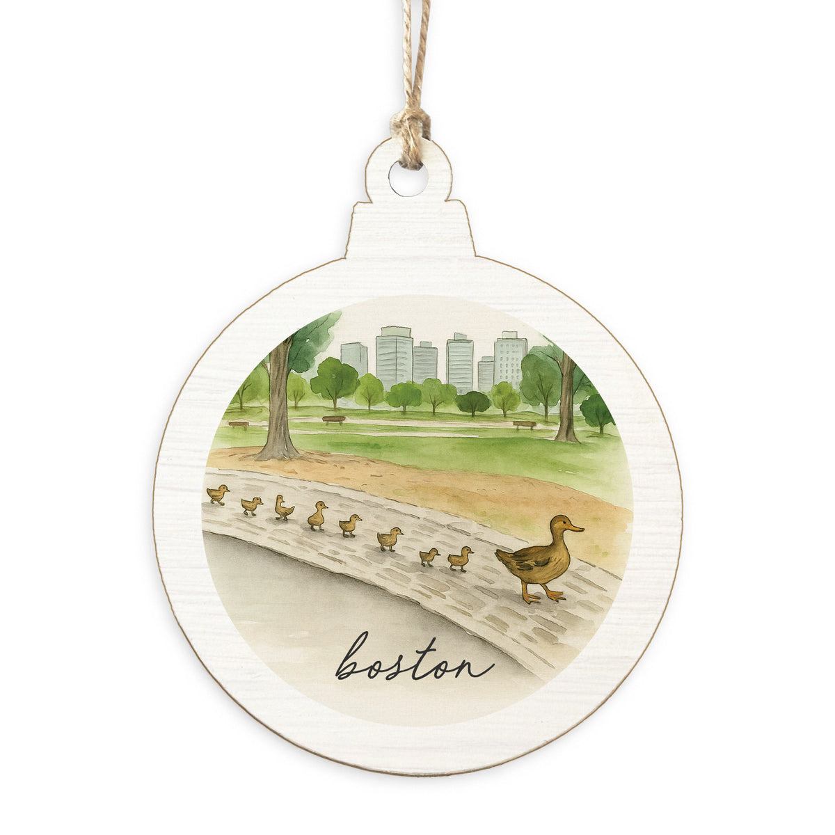 Rustic Marlin Boston Watercolor Ducklings ornament featuring a painted city skyline and ducklings illustration, available at Be Charmed