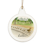 Rustic Marlin Boston Watercolor Ducklings ornament featuring a painted city skyline and ducklings illustration, available at Be Charmed
