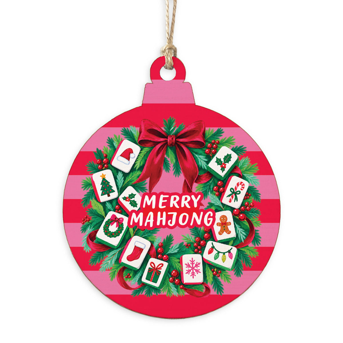 Rustic Marlin Merry Mahjong ornament featuring a wreath with christmas tiles, available at Be Charmed