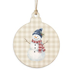 Rustic Marlin snowman ornament featuring a snowman illustration on a tan plaid background, available at Be Charmed