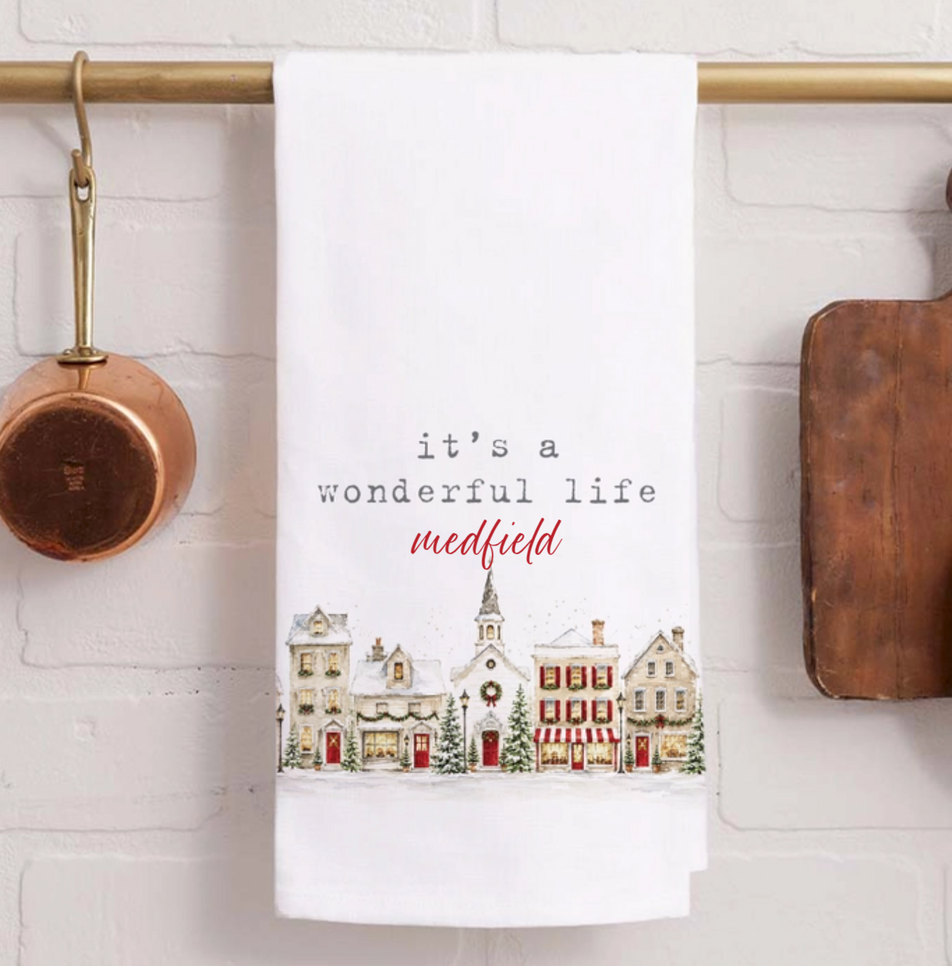Rustic Marlin It's a Wonderful Life tea towel featuring festive holiday lettering, available at Be Charmed