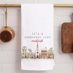 Rustic Marlin It's a Wonderful Life tea towel featuring festive holiday lettering, available at Be Charmed