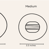 Size chart diagram showing three circular shapes labeled Large, Medium, and Small with width measurements of 3.7 inches, 3.