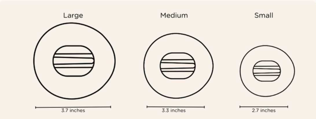 Size chart diagram showing three circular shapes labeled Large, Medium, and Small with width measurements of 3.7 inches, 3.