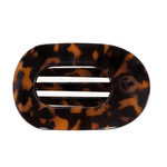 Medium Teleties flat round clip in tortoise pattern featuring a sleek geometric design, available at Be Charmed