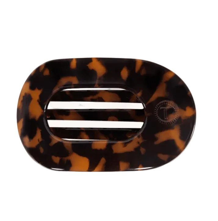 Medium Teleties flat round clip in tortoise pattern featuring a sleek geometric design, available at Be Charmed
