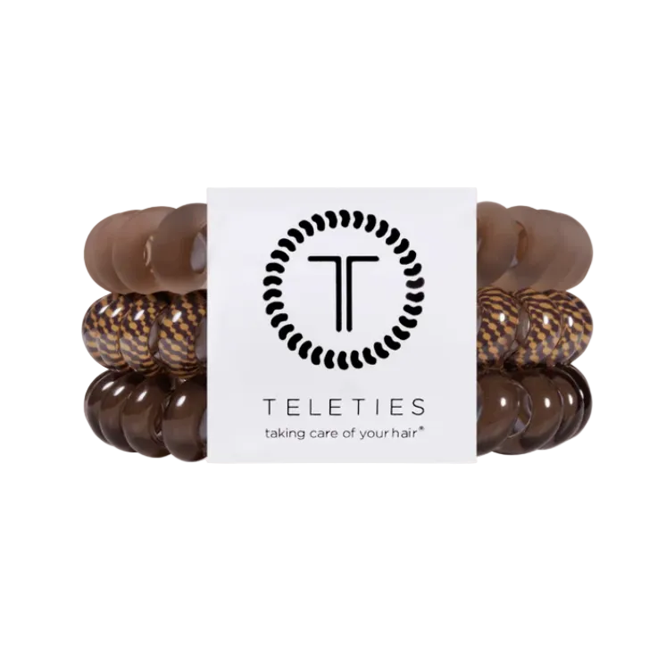 Large eleties Morning Brew hair ties featuring a warm neutral spiral design, available at Be Charmed