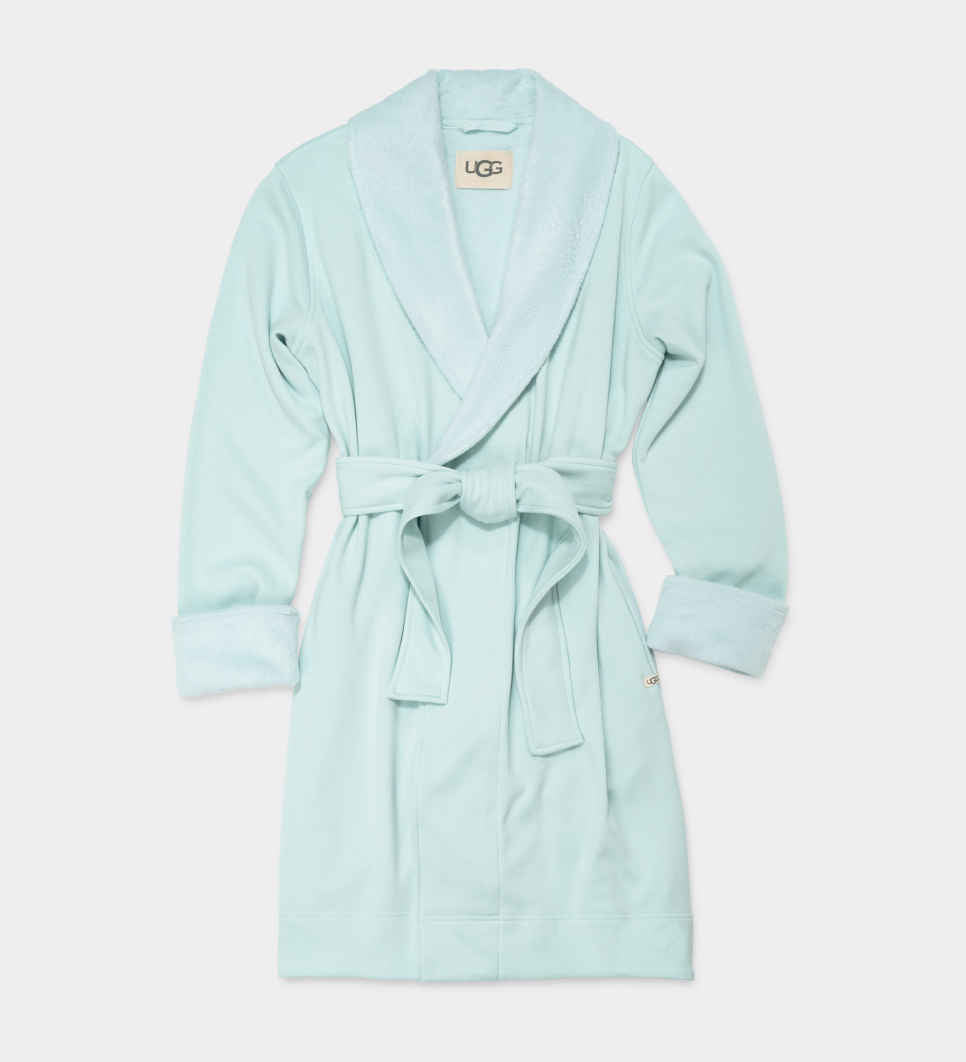 A mint UGG brand robe with a tie belt, displayed on a white background. Available at Be Charmed