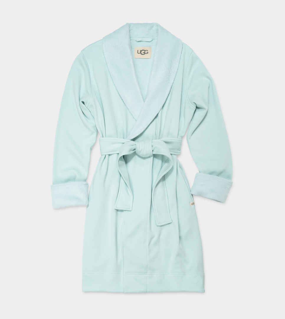 A mint UGG brand robe with a tie belt, displayed on a white background. Available at Be Charmed