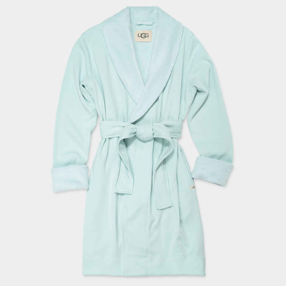 A mint UGG brand robe with a tie belt, displayed on a white background. Available at Be Charmed