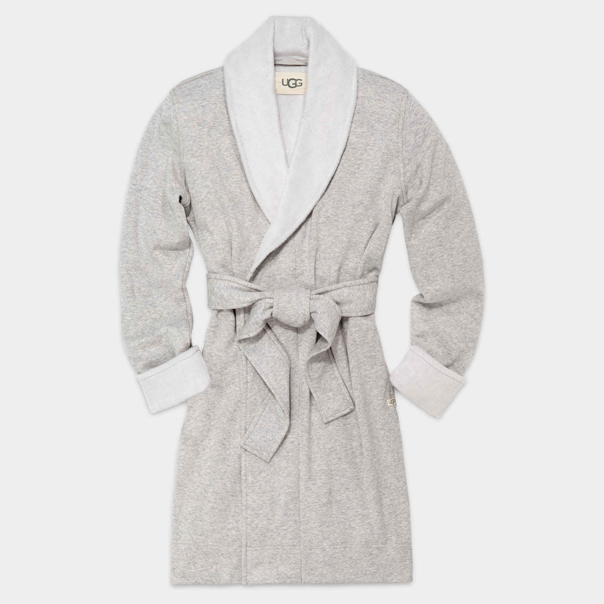 A gray UGG brand robe with a tie belt, displayed on a white background. Available at Be Charmed