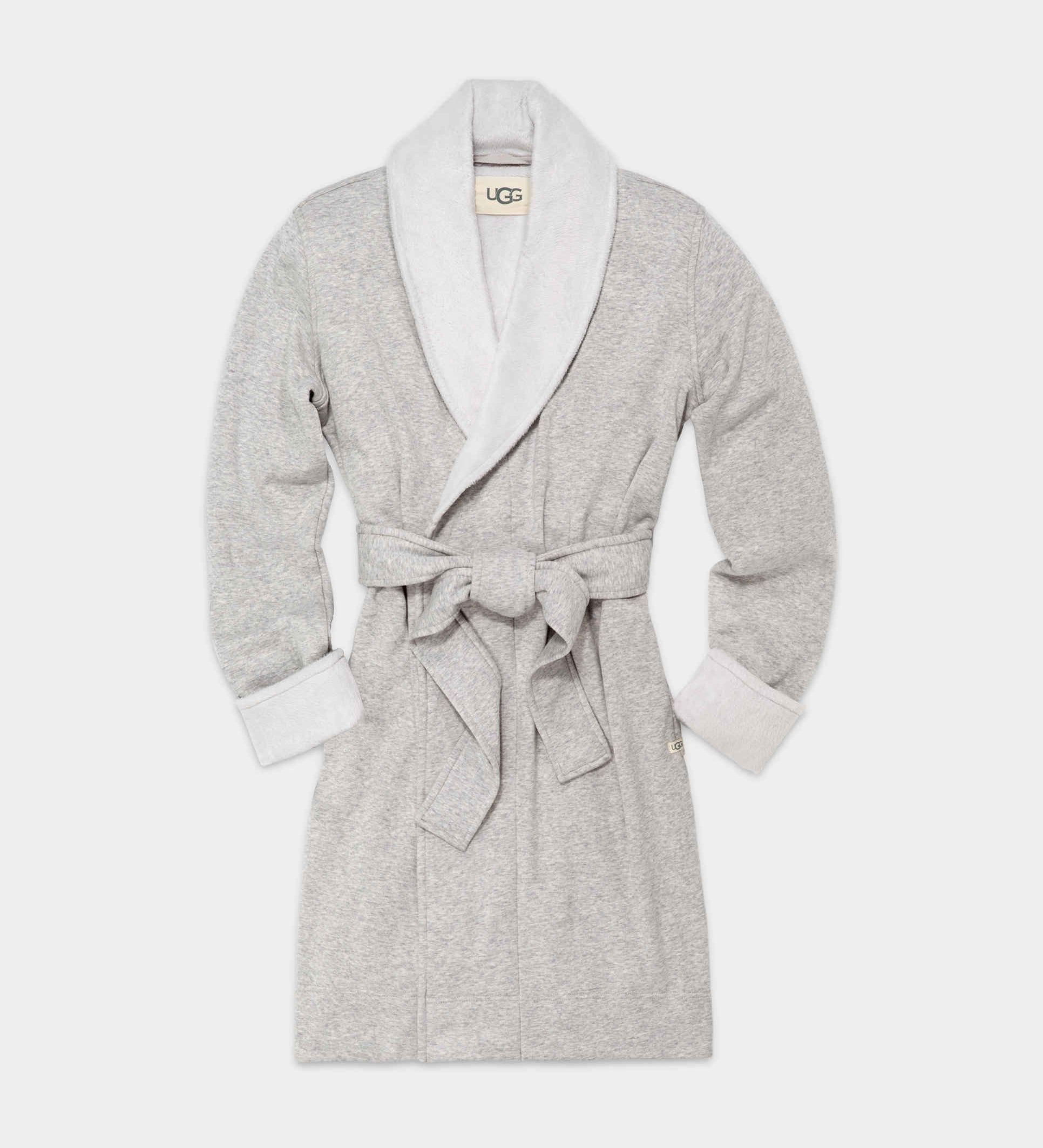 A gray UGG brand robe with a tie belt, displayed on a white background. Available at Be Charmed