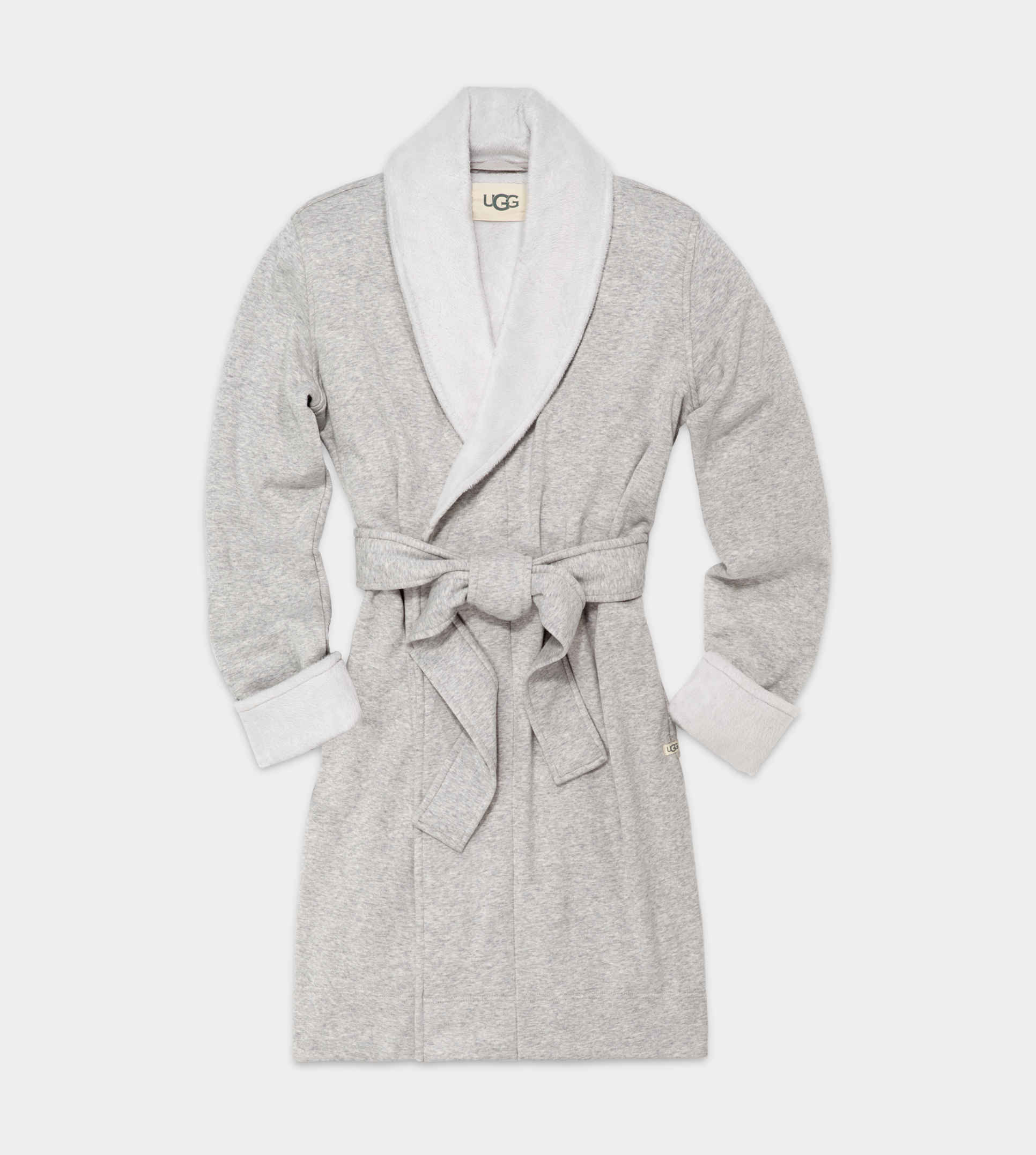 A gray UGG brand robe with a tie belt, displayed on a white background. Available at Be Charmed