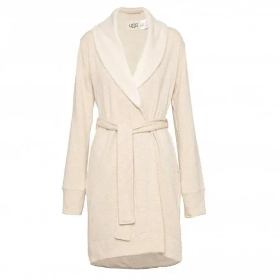 A beige UGG brand robe with a tie belt, displayed on a white background. Available at Be Charmed