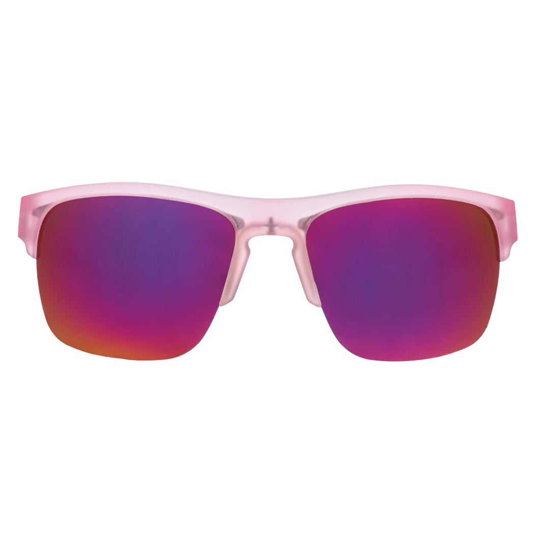 Goodr Light pink sunglasses with vibrant magenta and purple mirrored lenses, shown from a front-facing angle on a solid white background. Available at Be Charmed