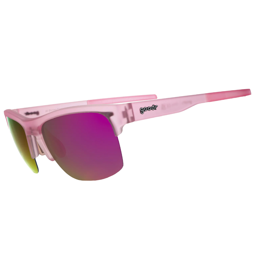 Goodr Pink sunglasses with a reflective lens on a white background. Available at Be Charmed