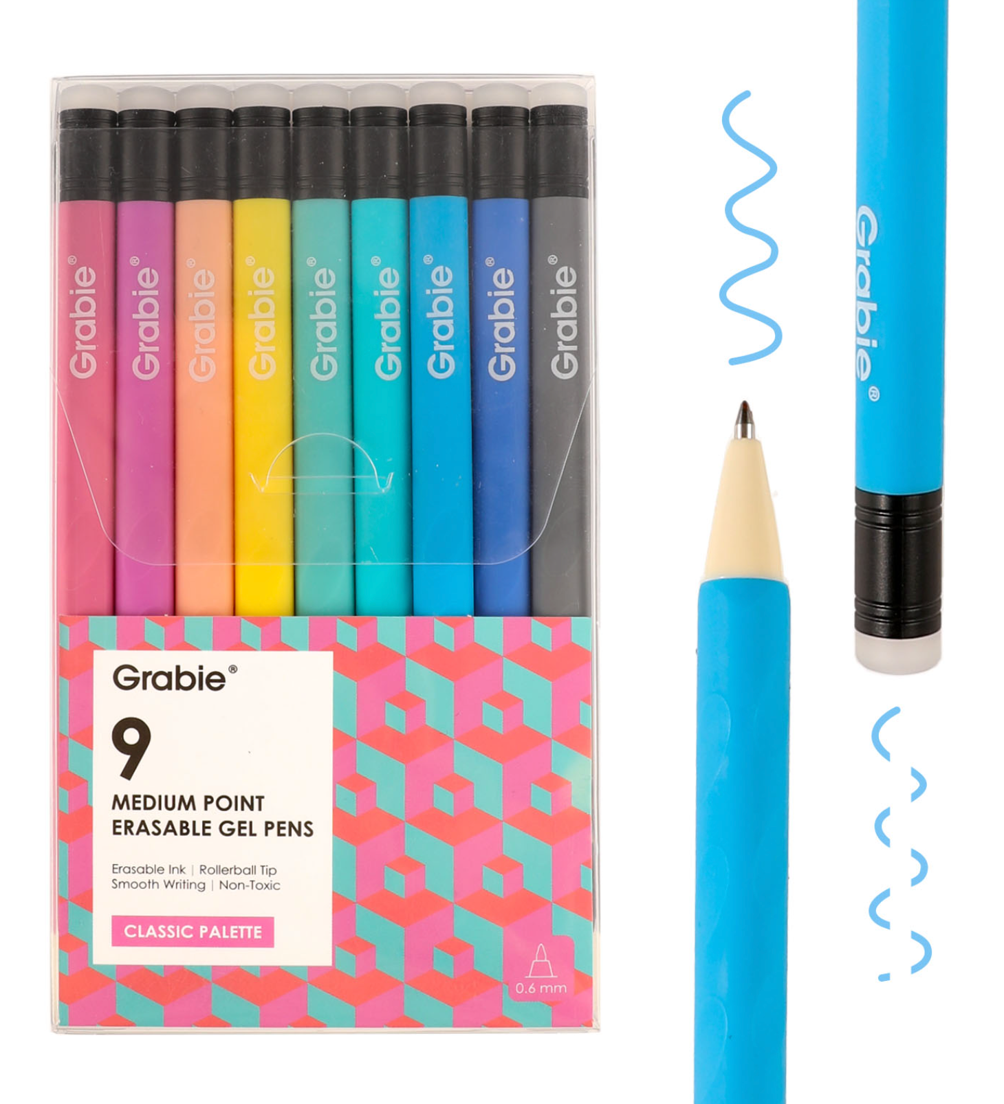 A 9-pack of Grabie medium point erasable gel pens in a classic gradient palette, shown in their clear plastic packaging alongside two loose pens demonstrating the blue erasable tip and the pencil lead texture. Available at Be Charmed