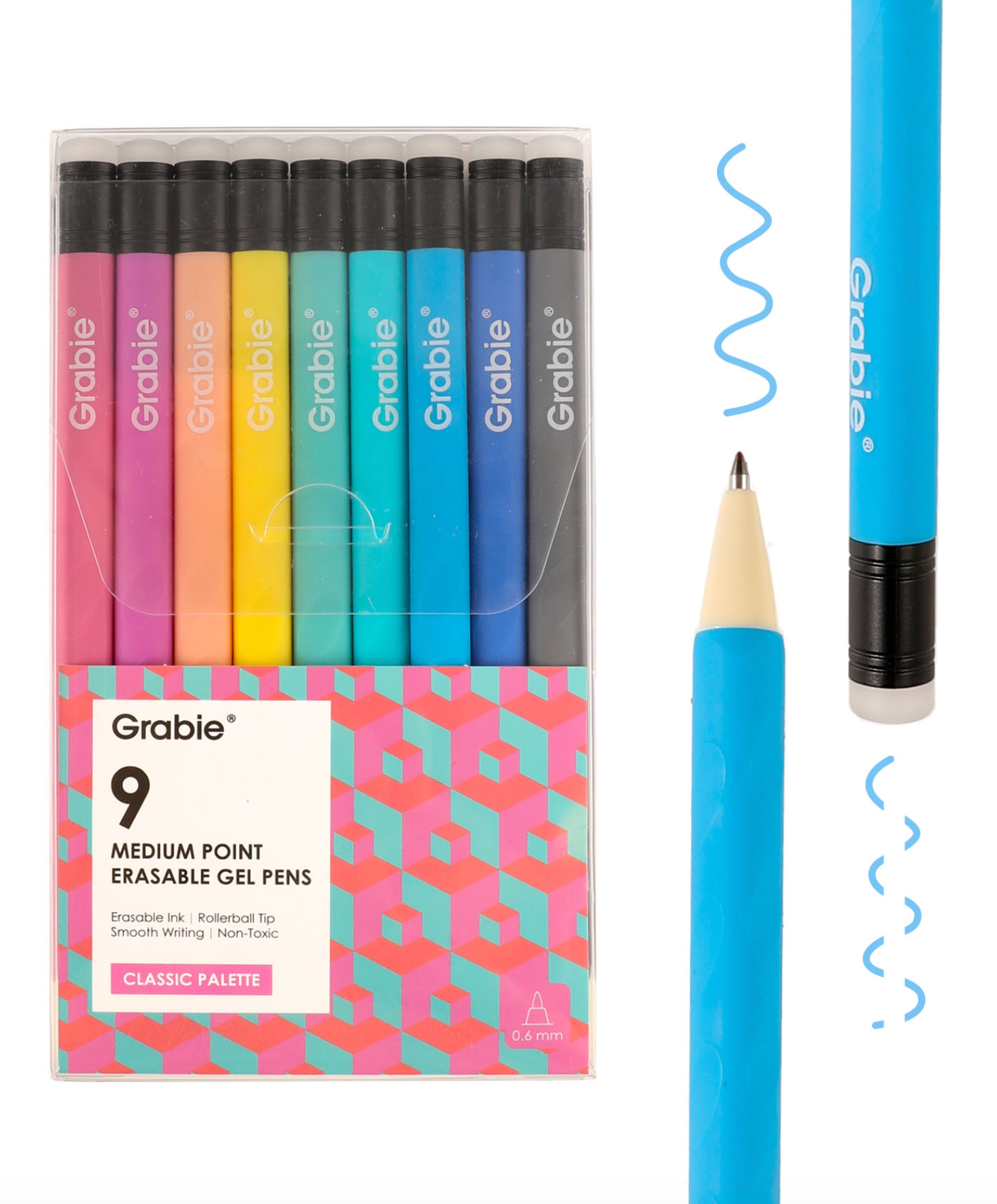 A 9-pack of Grabie medium point erasable gel pens in a classic gradient palette, shown in their clear plastic packaging alongside two loose pens demonstrating the blue erasable tip and the pencil lead texture. Available at Be Charmed