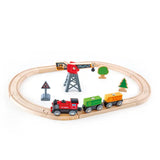 Hape cargo delivery loop featuring a wooden train track with delivery cars available at Be Charmed