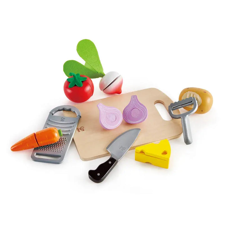 Hape cooking essentials featuring wooden play kitchen pots pans and utensils available at Be Charmed