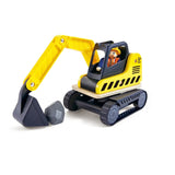 Hape Dig 'n Dump Excavator featuring a yellow wooden construction vehicle with moving parts available at Be Charmed
