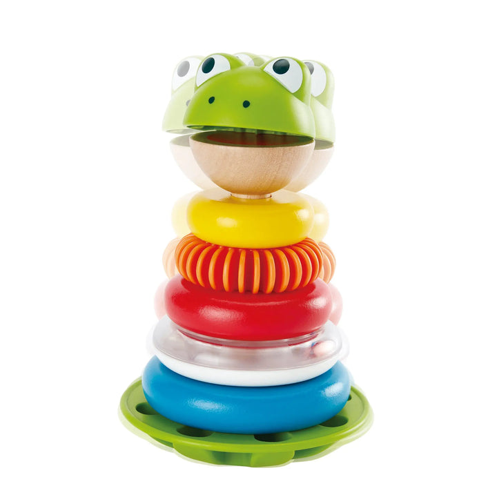 Hape Mr Frog stacking rings featuring a green wooden frog base and colorful rings available at Be Charmed