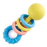 Hape rattling rings teether featuring smooth wooden rings and colorful beads available at Be Charmed