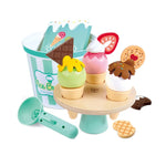 Hape scoop and serve ice cream set featuring wooden cones and colorful scoops available at Be Charmed