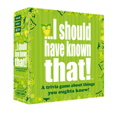 A boxed trivia game titled 'I Should Have Known That!' with green background and owl illustrations. Available at Be Charmed