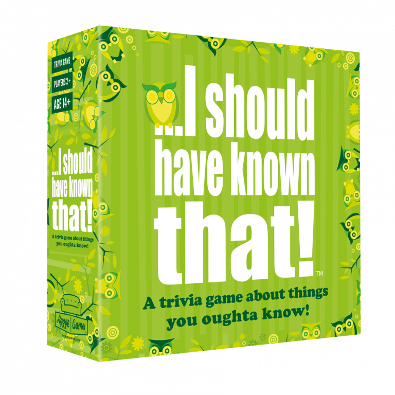 A boxed trivia game titled 'I Should Have Known That!' with green background and owl illustrations. Available at Be Charmed