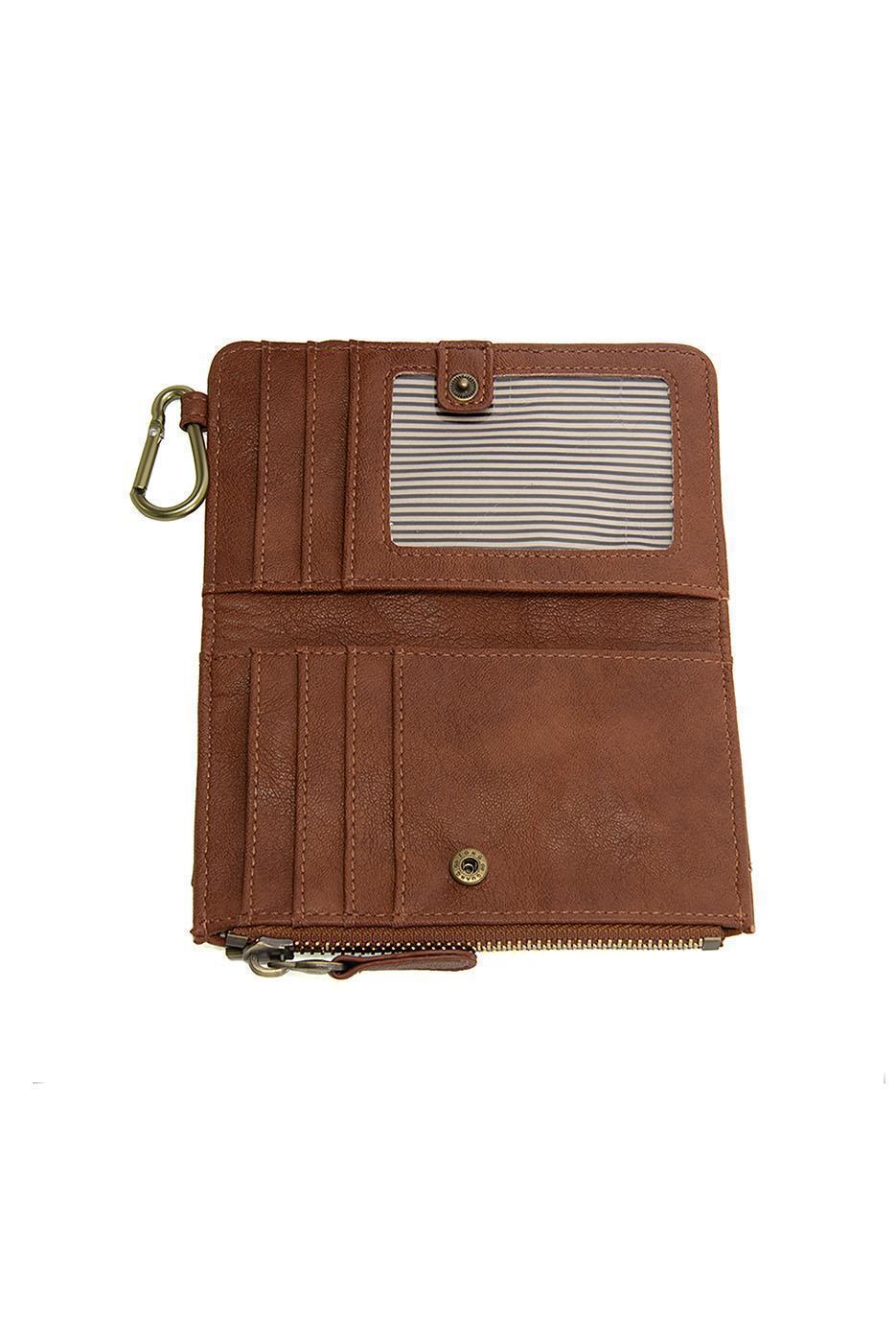 Opened Brown leather wallet with a card holder on a white background. Available at Be Charmed