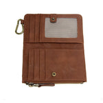Opened Brown leather wallet with a card holder on a white background. Available at Be Charmed